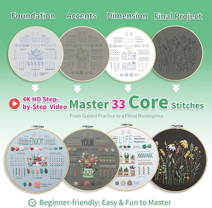 ETSPIL Embroidery Kit for Adults, 2 Hoops, 4K Slow-Mo, Pre-Printed Patterns | Stitch Together. 17 Vibrant Floss, Bound Guide. Needle Minder, Storage Tube, All Tools. No Washing. Relaxing Craft for Women