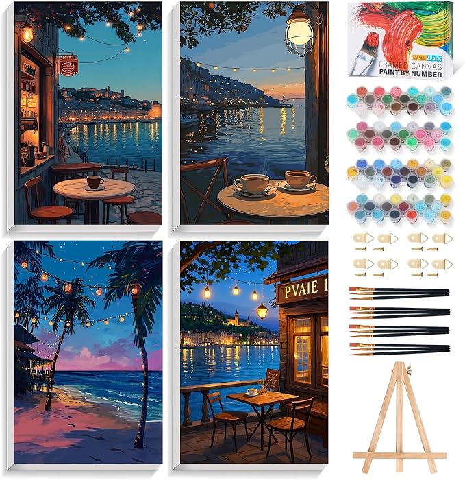 4 Pack Framed Paint by Numbers Kit for Adults Coffee with Wooden Easel | With Frame Canvas 8x12 IN, For Adults Beginner, DIY Acrylic Painting Landscape, Stress Relief Craft Kit, Home Wall Decor Gift