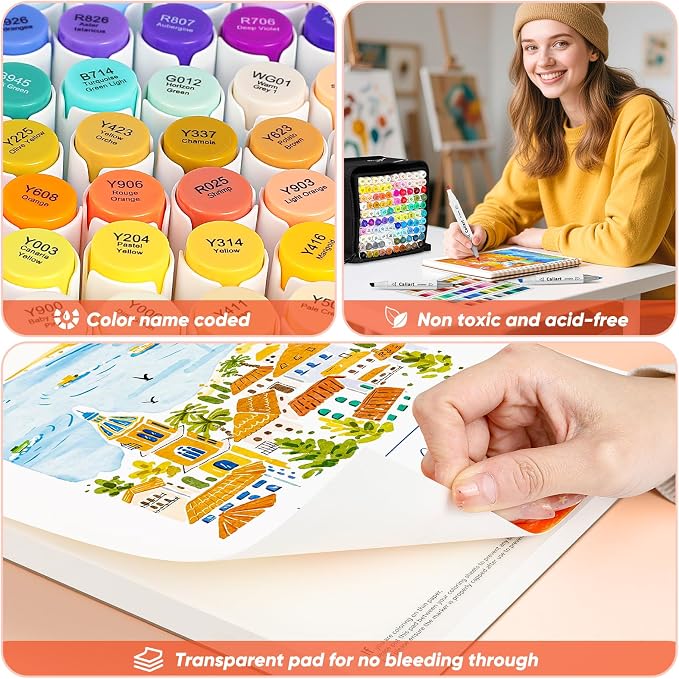 Caliart Alcohol Markers 41 Colors Fine & Chisel Dual Tip Coloring Markers | Permanent Sketch Art Markers Set for Beginners Artists Adult Coloring Books Drawing Illustration Painting School Art Supplies