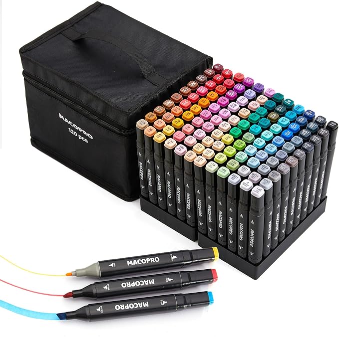 Alcohol Markers, 120 Colors Dual Tip Art Coloring Markers Set for Adult Book Drawing Sketching Painting, Chisel & Fine, Black Penholder(120)