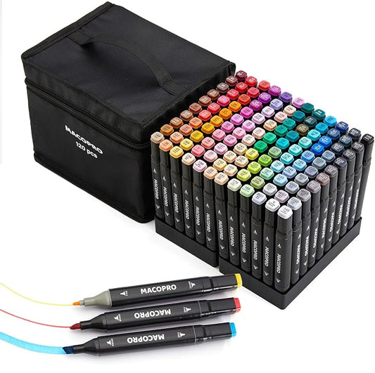 Alcohol Markers, 120 Colors Dual Tip Art Coloring Markers Set for Adult Book Drawing Sketching Painting, Chisel & Fine, Black Penholder(120)
