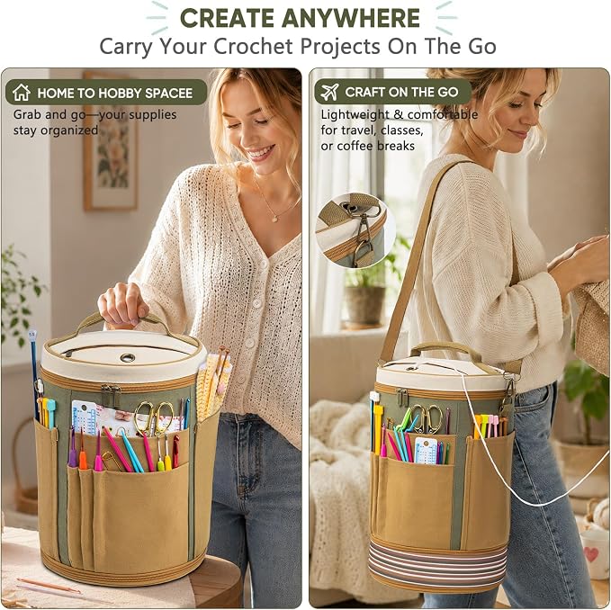 Canvas Yarn Storage Organizer with Removable Dividers, Crochet&Knitting Bag | Expandable canvas yarn organizer with removable dividers, yarn feed holes, project storage and multiple tool pockets