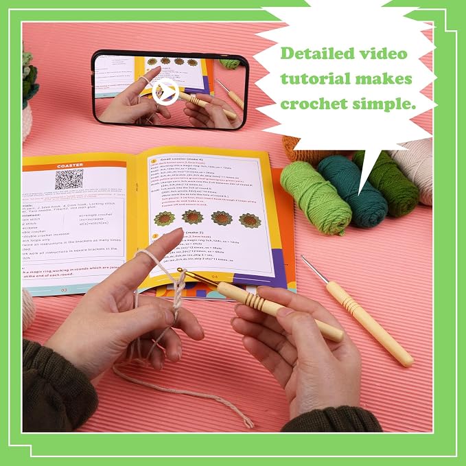 FTEVEN Crochet Kit for Beginners, 6PCS Coasters Crochet Starter Kit Plant