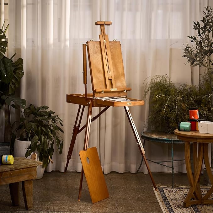 ATWORTH French Easel for Painting, Deluxe Beech Wooden Field & Studio Sketchbox Easel Stand with Metal Side Tray, Portable& Easy Transport for Painting Outdoor, Holds Canvas up to 34"- Light Walnut