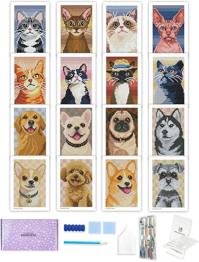 forever young Cats & Dogs Minigem Diamond Art Kits, 5x7 Inch Postcard-Style