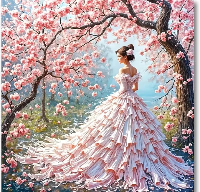 Gemozaic Elegant Woman Paint by Numbers Kit for Adults, 16x16 in, Unframed | Pink Dress Lady Paint by Number for Adults, Romantic Cherry Blossom Tree Acrylic Numbers Painting for Home, Wall Decor, Gift