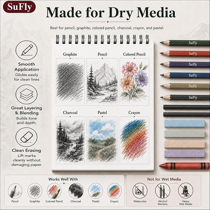 SuFly Sketch Book 9x12, 100-Sheet Drawing Paper Pad, 68lb/100gsm, Acid-Free | Top Spiral Sketchbook, Sketch Pads for Drawing, Art Supplies for Kids & Adults, Art Class Gift for Beginners, Artists & Teens