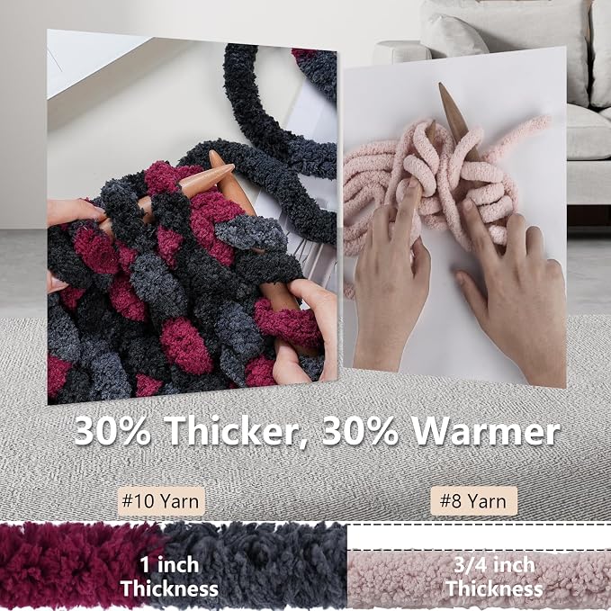 Cozyful Chunky Yarn for Hand Knitting - #10 Chunky Chenille Blanket Yarn, Jumbo Big Thick Chunky Yarns for Crocheting, Tie Dye Bulky Knit Yarns, 8 Skein (20 yds 8 oz Each Skein), Grey & Black & Red