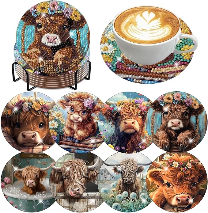 mrpwnle 8 Pcs Diamond Art Coasters Kits, Cow Diamond Painting Coasters Kits