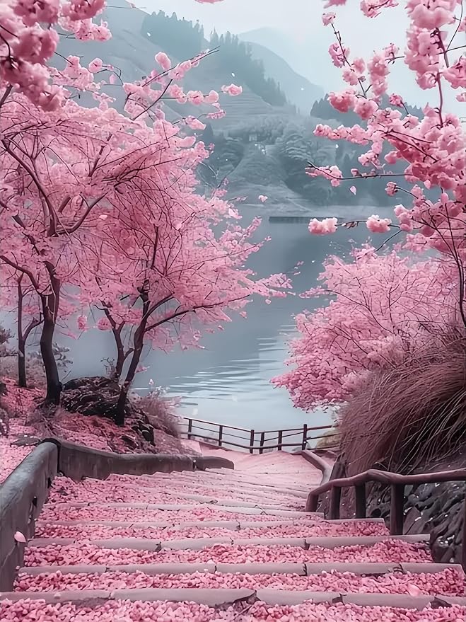 Diamond Art Kits for Adults Cherry Blossom Road, DIY 5D Diamond Painting