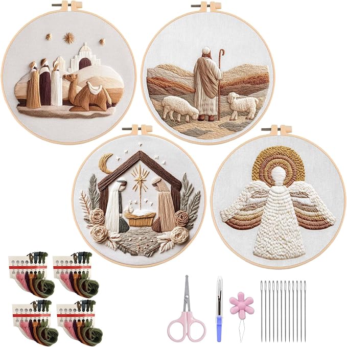 Nativity Embroidery Kit for Adults, Pre-Stamped Pattern Embroidery Kit for Beginners, Needlepoint Kit with Hoop Thread Needle Instruction, 7.9'' Hoop (Nativity 4 Packs)