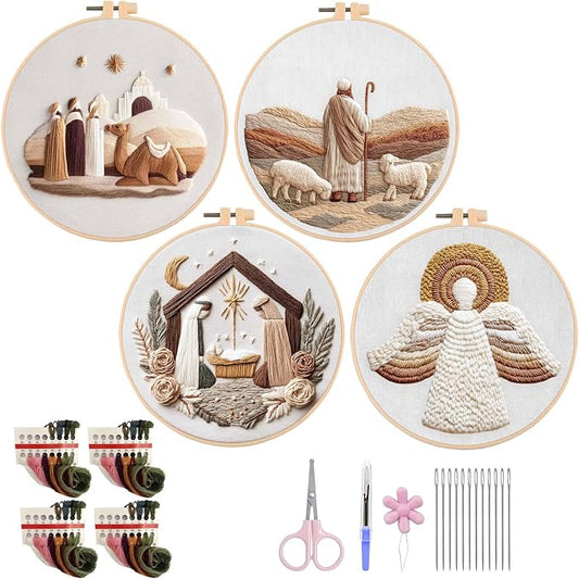 Nativity Embroidery Kit for Adults, Pre-Stamped Pattern Embroidery Kit for Beginners, Needlepoint Kit with Hoop Thread Needle Instruction, 7.9'' Hoop (Nativity 4 Packs)