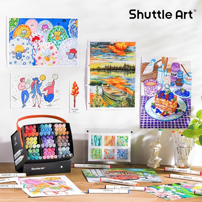 Shuttle Art Brush Tip Alcohol Markers, Dual Tip Brush & Fine Tip Art Marker Set, 89 Colors Marker Pens with Organized Case Perfect for Illustration Kids Students Adults Coloring Sketching