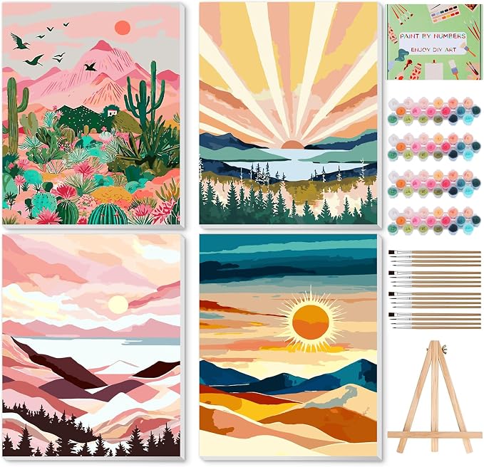 Qoosea Paint by Numbers Kit for Adults with Framed Canvas 4 Pack | Sunset and Sunrise Paint by Number Arts Kits for Beginner with Wooden Easel, Acrylic Set, Brushes for Home Decor, 9*12 Inch