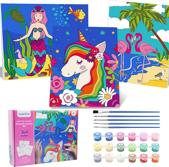 goldentime 3 Framed Canvas Paint by Numbers for Kids Ages 6 8 10 12 –Easy Paint by Numbers Kit for Kids and Adults –Unicorn Painting Kit for Girls, Mermaid Crafts for Girls Ages 6-8-12…