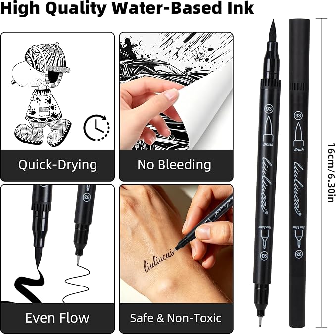LIULIUCAI 10 Black Dual Tip Markers, Fine & Brush Tip Pens for Coloring