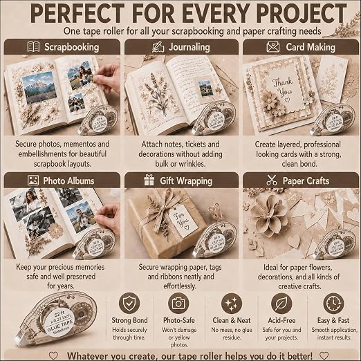 MARCADORUS Double Sided Tape Roller, Scrapbook Tape Runner Extra Long 52Ft | 52Ft x 0.31In Per Roller, 416Ft Total, Permanent, Acid-Free, Adhesive Photo Tape for Scrapbooking, Journaling & Paper Crafts