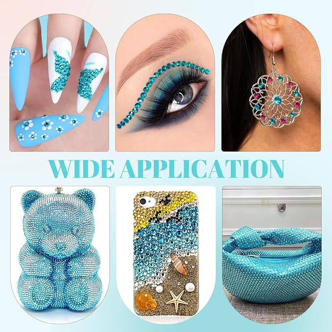 12100Pcs Resin Rhinestones for Crafting with 3Pcs 10ml B7000 Jewelry Glue, 2 Boxes Flatback Crystals Diamond (Teal Blue) for Bedazzling Crafts DIY Nail Art，Non Hotfix Gems for Clothing Shoes