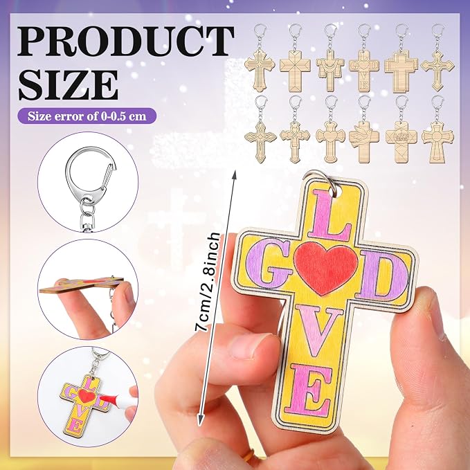Trnayi 36 Pcs Religious Cross Wood Keychain Color Your Own DIY Craft | Religious Cross Wooden Keychain, Color Your Own Unfinished Craft, Blank Wood Painting DIY Craft, for Easter Art Project