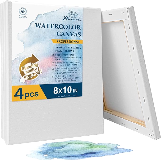 PHOENIX Professional Stretched Watercolor Canvas - 8x10 Inch/4 Pack, 100% Cotton Water Color Canvases for Painting, 8 Oz. / 260g White Blank Medium Texture Canvas for Water Based Paints