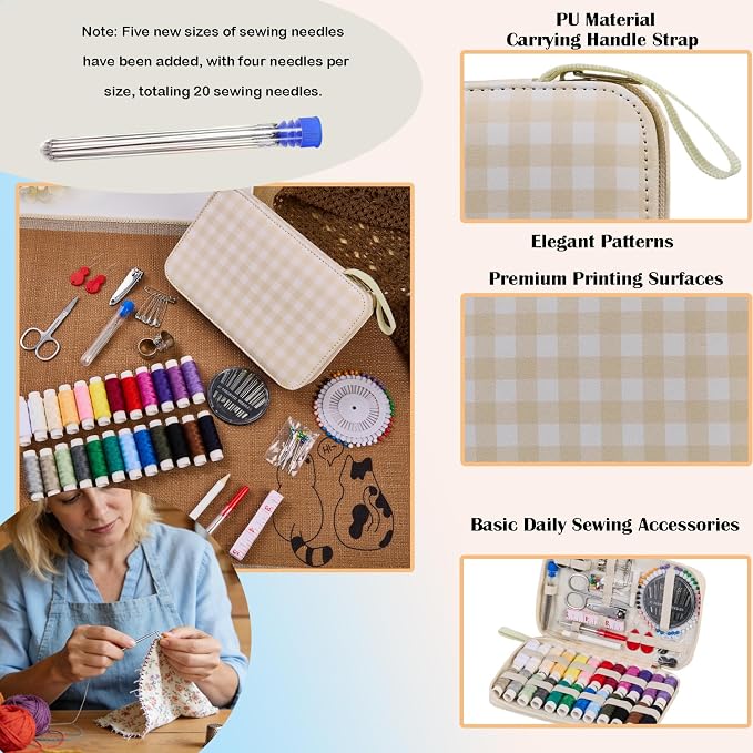 Travel Basic Sewing Kit with Checkered Pattern Sewing Set | Professional 130PCS Sewing Supplies Heavy Duty Needles Kit Printing Sewing Kit for Adults & Beginners Emergency, Home