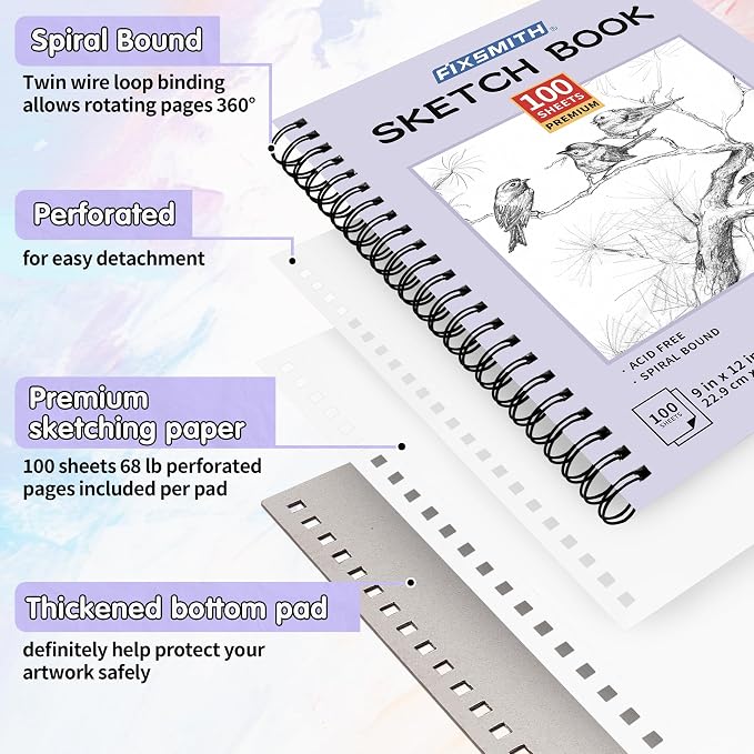 FIXSMITH 9"X12" Sketch Book, 100 Sheets, 68 lb/100gsm,4 Pack Purple | Acid Free Drawing Paper | Spiral Bound Artist Sketch Pad | for Kids, Beginners, Artists & Professionals | Bright White