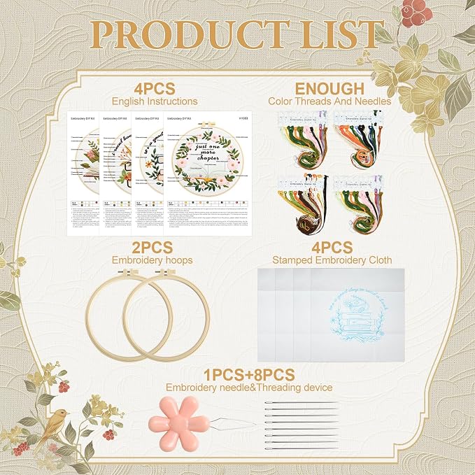 ElasignShopo 4 Set Embroidery Kit for Beginners Adults Book Lovers Embroidery Starter Kit Books Flowers Pattern Hand Crewel Cross Stitch Kits Includes Instruction 2 Hoops Color Threads Needles