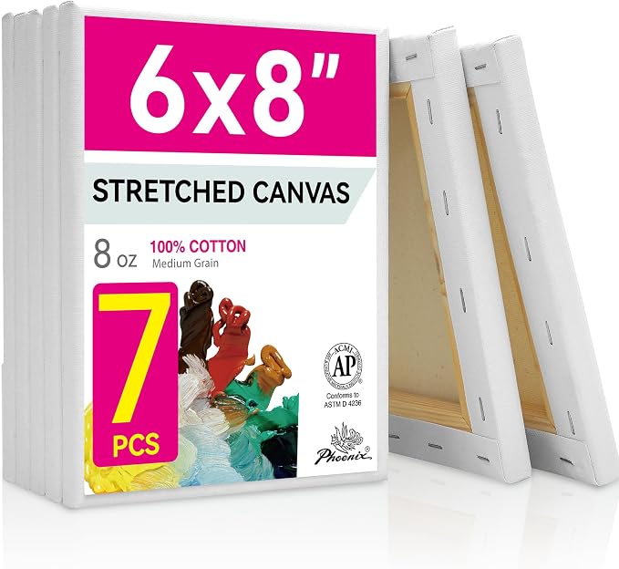 PHOENIX Stretched Canvas for Painting 6x8 Inch/7 Value Pack, 8 Oz Triple Primed 5/8 Inch Profile 100% Cotton White Blank Canvas, Small Framed Canvas for Oil Acrylic & Pouring Art