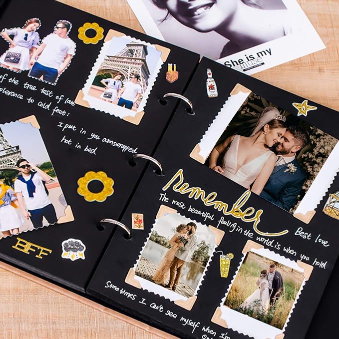 Vienrose DIY Scrapbook Photo Album Kit,8.5x11 Inch,60 Pages,Black | 30 Sheets,Hardcover,3-Ring Removable Black Paper,Pens,Tapes,Stickers,Gift for Lover Friends Kids Wedding Valentine's
