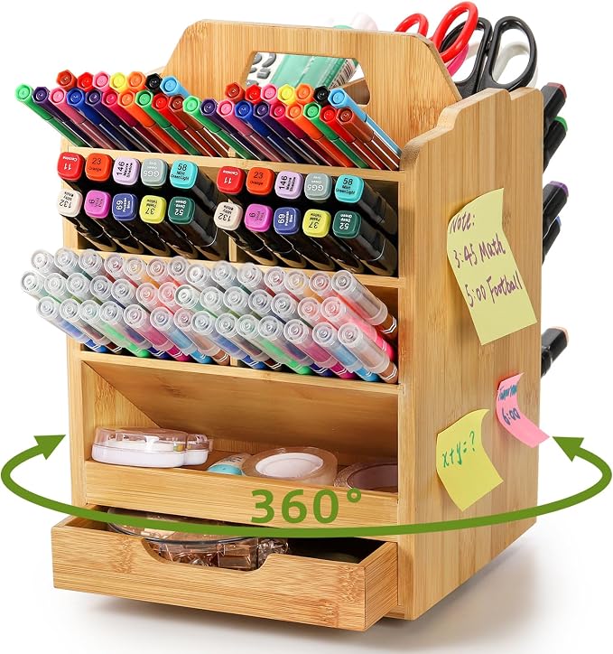 SOUJOY Bamboo Pen Holder Organizer, 360°Rotating Art Supply Storage Caddy, Hold 400+ Pencils, 15 compartments Office Desk Stand Box with Handle for Marker Pens, Colored Pencil, Art Brushes