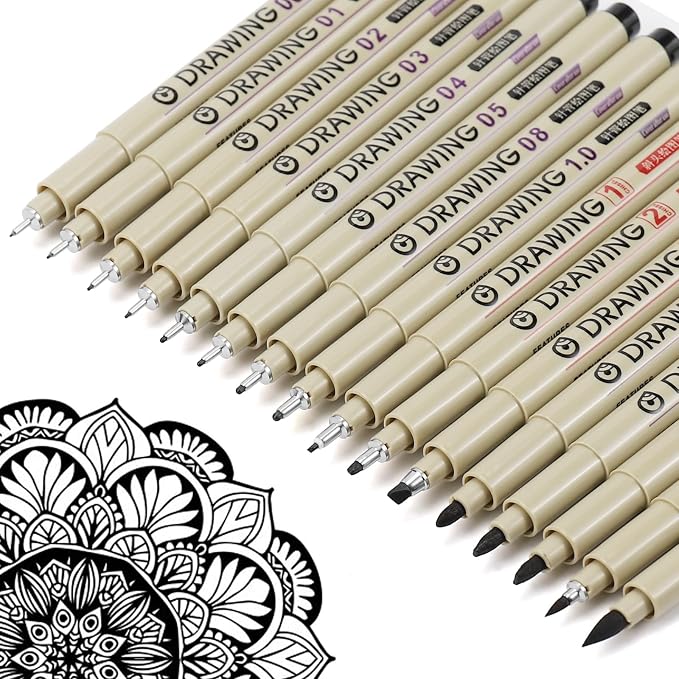 Muchcute Micro Fineliner Drawing Art Pens: 16 Black Artist Supplies Adults | Waterproof Archival Ink Set Fine Line Markers Liner,Sketch Outline Anime Gifts Manga Sketching Watercolor Zentangle Kit Stuff