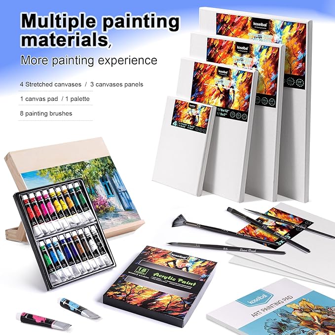 koseibal Acrylic Paint Set with Tabletop Easel and Canvas for Kids, Adults