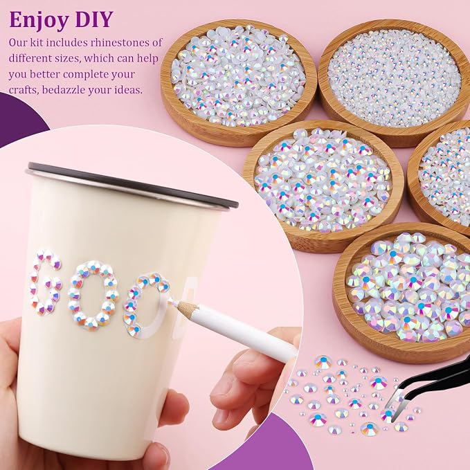 Resin Jelly Rhinestones for Crafting with B7000 Jewelry Glue, 1 Box White AB Flatback Crystal with 3Pcs 10ml Glue, Bedazzling Non Hotfix Gems for DIY Tumblers Clothing Shoes Manicure