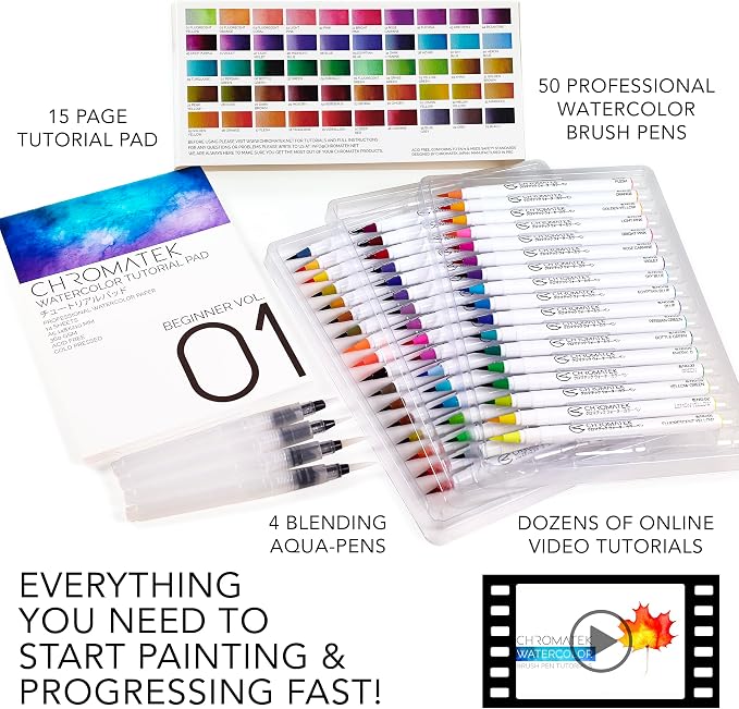 CHROMATEK 54 Watercolor Pens Set | Including 15 Page Pad & Online Video Tutorial Series | 4 Aquapens & 50 Unique Colors | Brush Pens | Easily Blendable, Vivid, Smooth | Professional Art Supplies