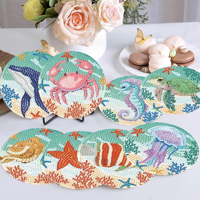 mrpwnle 8 Pack Diamond Art Coasters Kits - Ocean Diamond Painting Coasters
