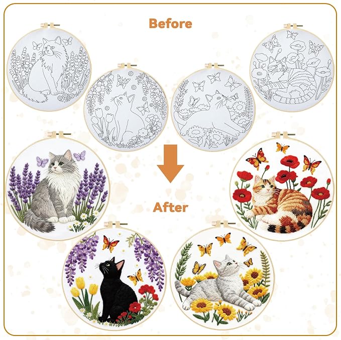 BEUNITONE 4 Set Embroidery Kit for Beginners, Cat and Butterfly Pre-Stamped Pattern Needlepoint Kits for Adults with Hoop and Instruction, Cute Hand Embroidery Patterns for Cloth and Home Decor