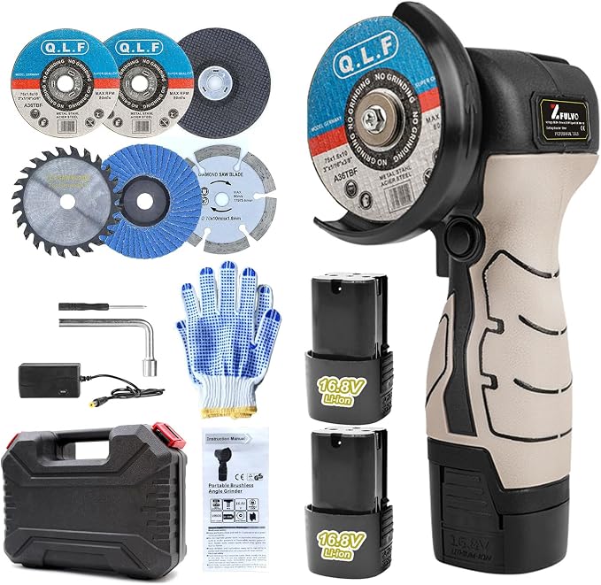 ZFULVO Cordless Brush Angle Grinder Kit, 19500rpm Mini Electric Angle Grinding Tool with 2pcs 16.8V 2000mAh Batteries and 6-Cutting Discs, Grinder Handheld Cutter for Metal Wood