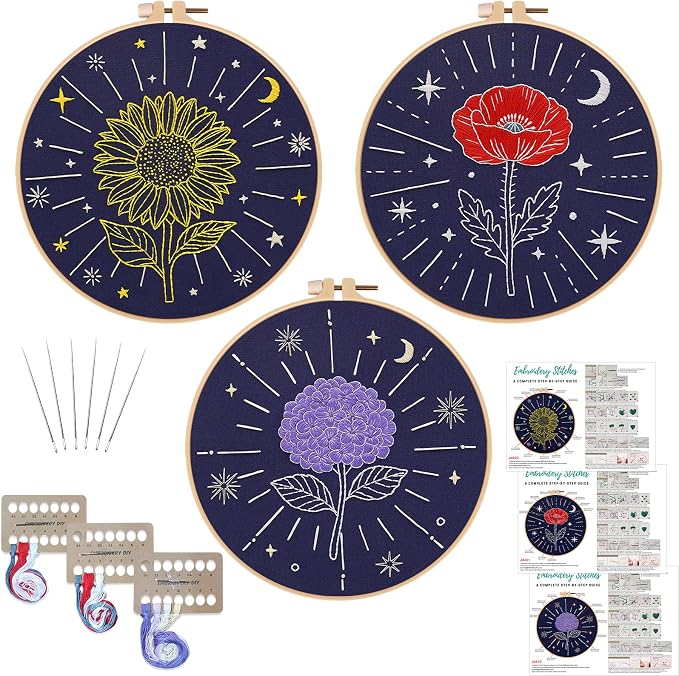 Louise Maelys 3Pcs Tarot Flower Embroidery Kit for Beginners DIY Craft Kit | Complete Needlepoint Kit with 3 Printed Fabric Patterns, Embroidery Hoop, Color Threads, Needles and Guide for Craft Lovers