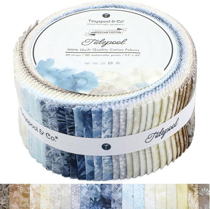 Tinyspool & Co.'s Twirlie Roll 40 Precut Quilting Fabric Strips for Quilting Supplies, Crafting, and Sewing, Soft Cotton Strip for Blanket, Rug, Upholstery, Home Decor, and Purse Making, Tidepool