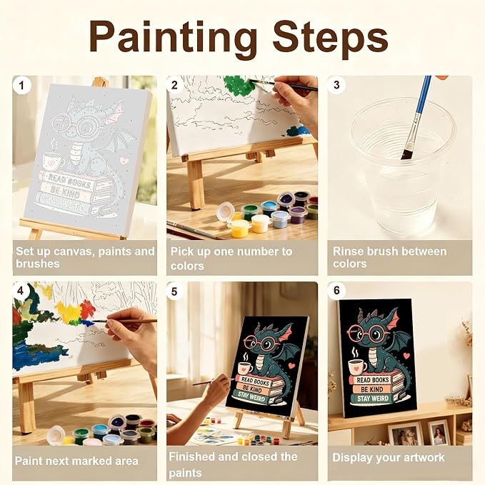 Gemozaic Framed Paint by Numbers Kit for Adults - Black Dragon & Books | Books Framed Paint by Number for Adults & Beginners 8-12, Cute Dragon Numbers Painting for Gift, Home, Wall Decor, 8 x 12 IN