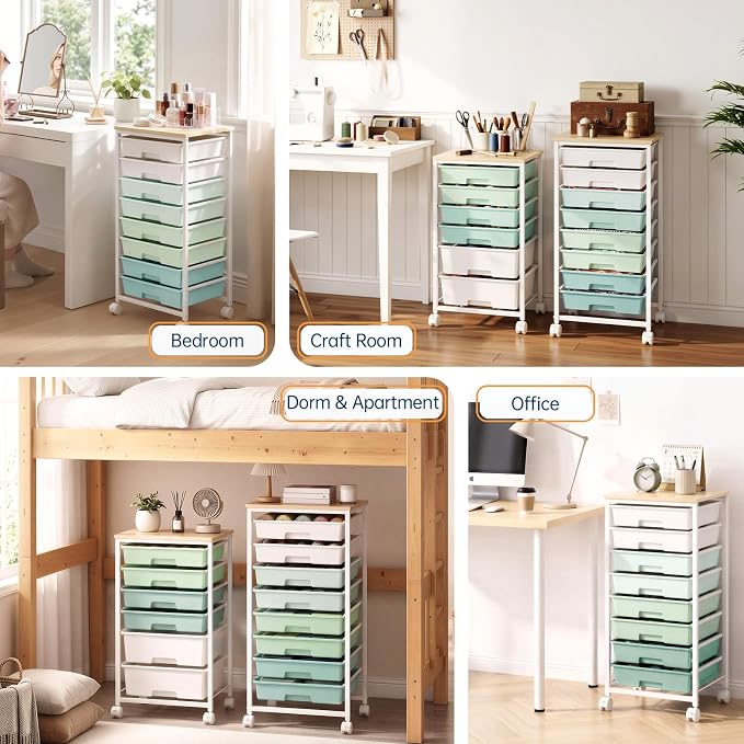 Delamu Rolling Storage Cart with 8 Drawers, Utility Craft Storage Cart | Storage Drawers Cart with Wooden Tabletop and Lockable Casters for Classroom Office Dorm Craft Art Supplie, Green