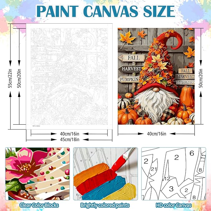 LKHMVCA Fall Gnome Pumpkin Leaf Paint by Number Kits for Adults, DIY Paint by Numbers Kits for Adults Beginners Without Frame, Acrylic Paint Canvas Painting Kits Art for Home Decor 16x20 Inch