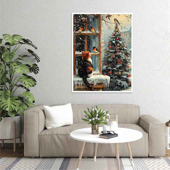 Canrichshop Cat Paint by Numbers Kit for Adults,Winter Painting by Numbers,DIY Acrylic Paint Beginners Without Frame,Christmas Paint by Number Canvas for Decor 16x20inch