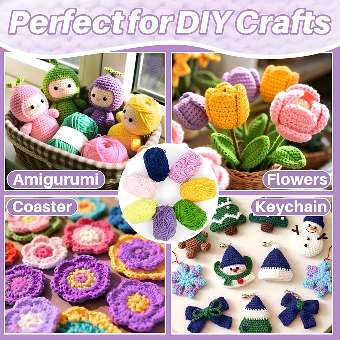 7x15g Cotton Yarn for Crocheting - Soft Crochet Yarn Bulk for Crafts Multicolor Skeins for DIY Handicraft, Scarves, Ideal Gift for Knitting Beginners, 7 Vibrant Colors