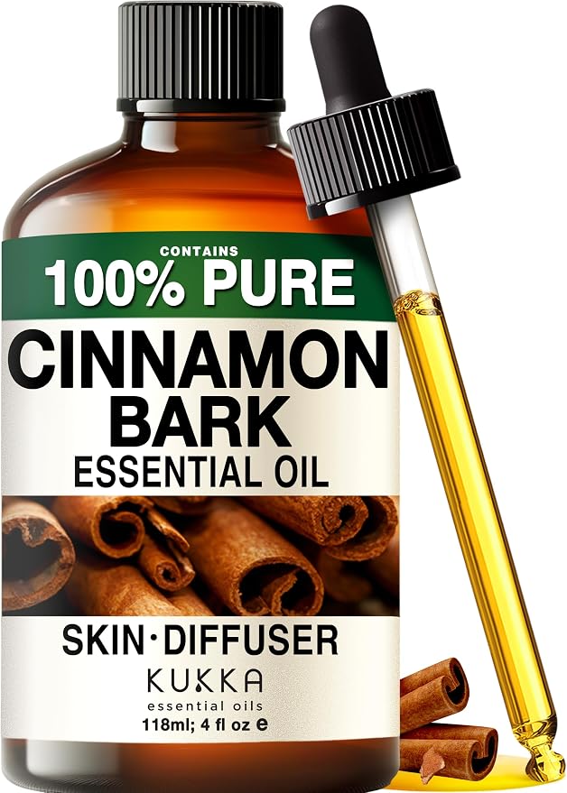 100% Pure Cinnamon Oil 4 Fl Oz - Cinnamon Bark Essential Oil for Diffuser | for Hair, Skin, Aromatherapy, Massage - GC/MS Tested, Non-GMO, Undiluted, Glass Dropper Bottle