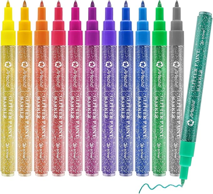 Artecho Glitter Paint Pens 12 Colors with 0.7mm Extra Fine Tip