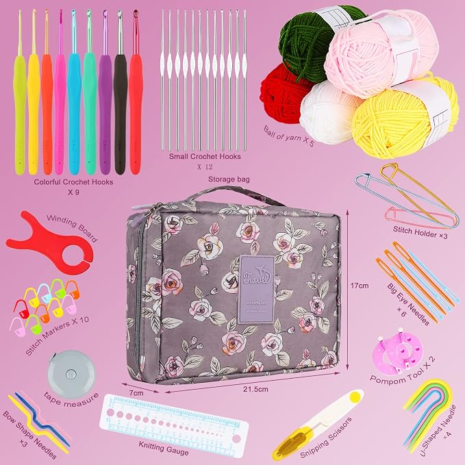Aeelike Full Crochet Kit for Beginners Adults, Purple Flower | Crochet Kit Multi Size Set 0.6mm-6mm, Crochet Hooks Set with Case Accessories - Crochet Gift for Mother & Grandmother