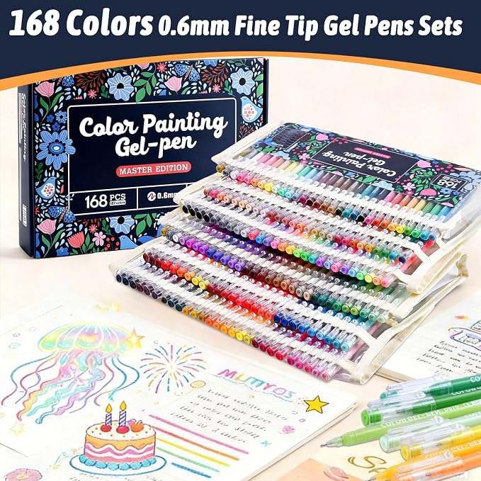 168Pcs Colored Gel Pens, 162 Colors 0.6mm Fine Point Gel Pens Colored Set for Adult Coloring Books, Journal Pen Markers for Coloring, Journaling Supplies, Writing Drawing Note Taking Office Home