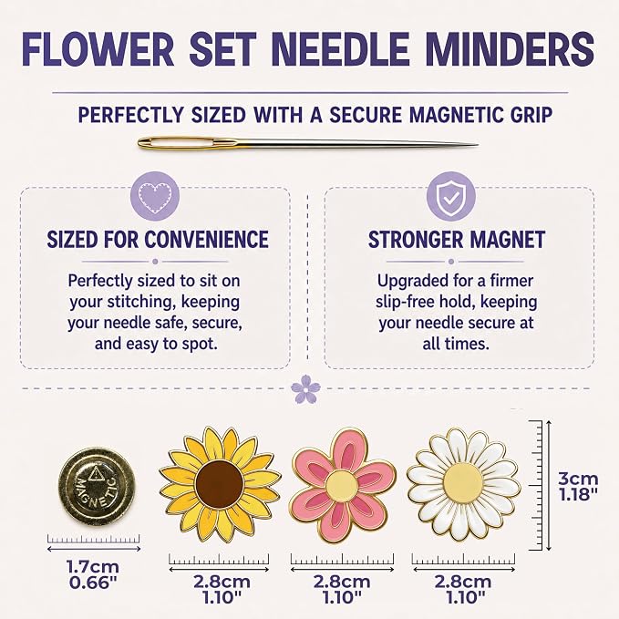 The Quilted Bear Magnetic Needle Minders, Set of 3 Flowers | Daisy, Pink and Sunflower Enamel Needle Keepers for Embroidery & Cross Stitch, Secure Holder for Needles, Strong Magnet