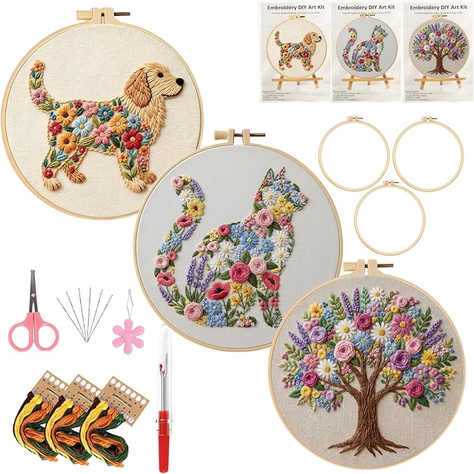 3 Packs Embroidery Kit for Adults, Embroidery for Beginners (Animal-1)
